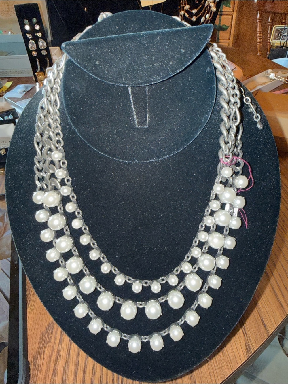 💙Clutch My Pearls CAbi Triple-Row Pearl Drop Necklace in Silver and White